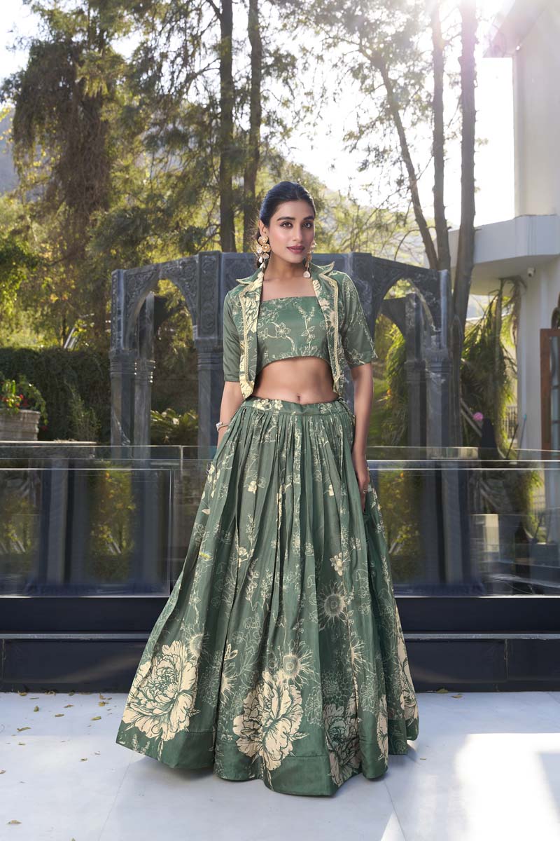 Evanik Women Tussar Silk With Floral Print Lehenga Blouse With Koti - Green - Distacart