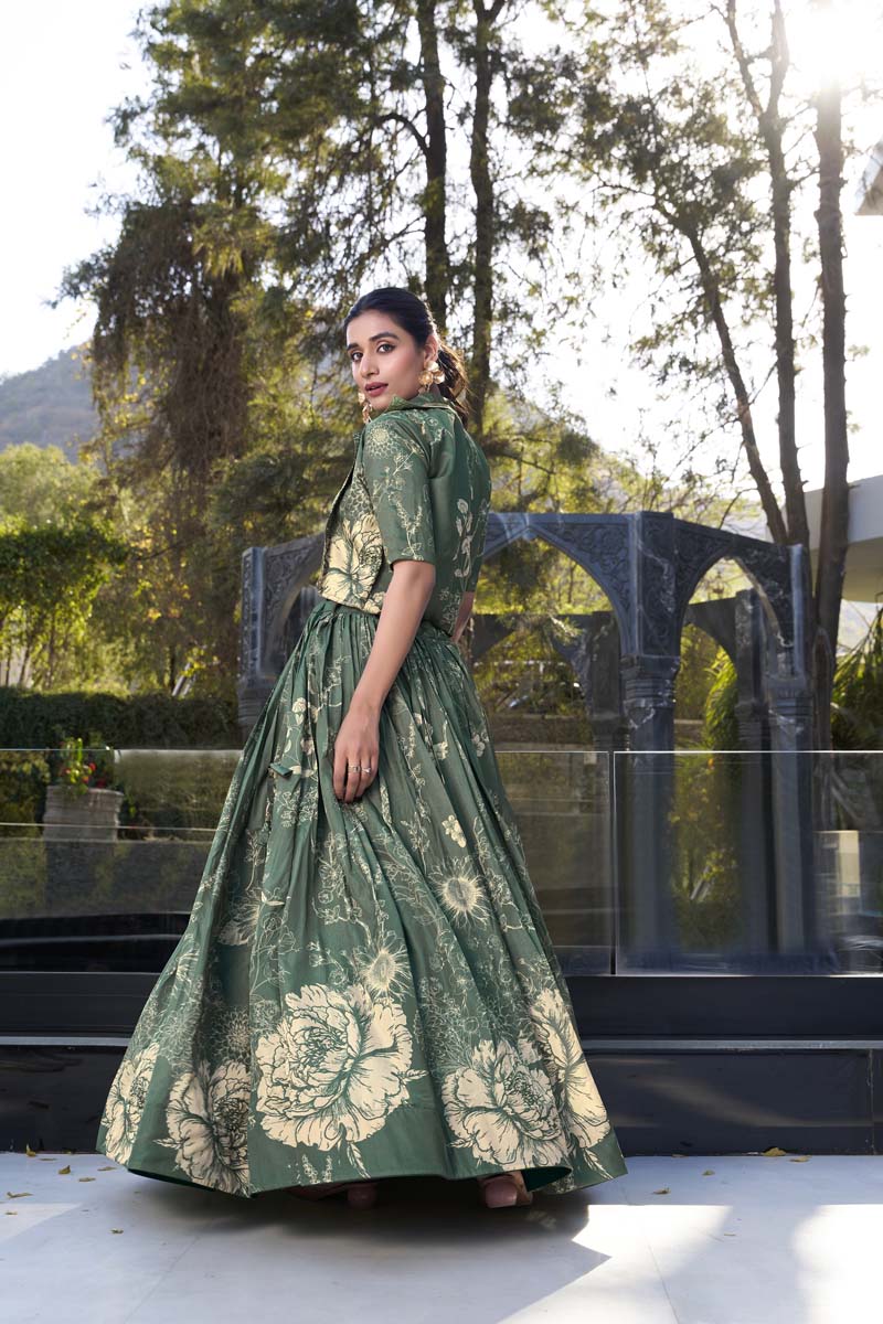 Evanik Women Tussar Silk With Floral Print Lehenga Blouse With Koti - Green