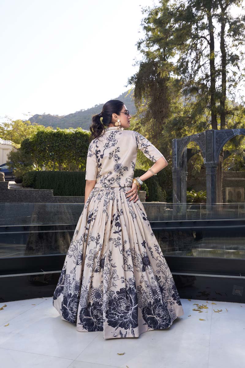 Evanik Women Tussar Silk With Floral Print Lehenga Blouse With Koti - Cream
