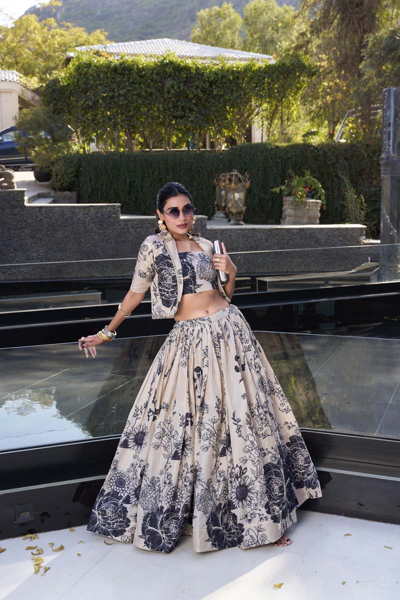 Evanik Women Tussar Silk With Floral Print Lehenga Blouse With Koti - Cream