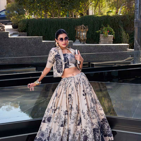 Evanik Women Tussar Silk With Floral Print Lehenga Blouse With Koti - Cream