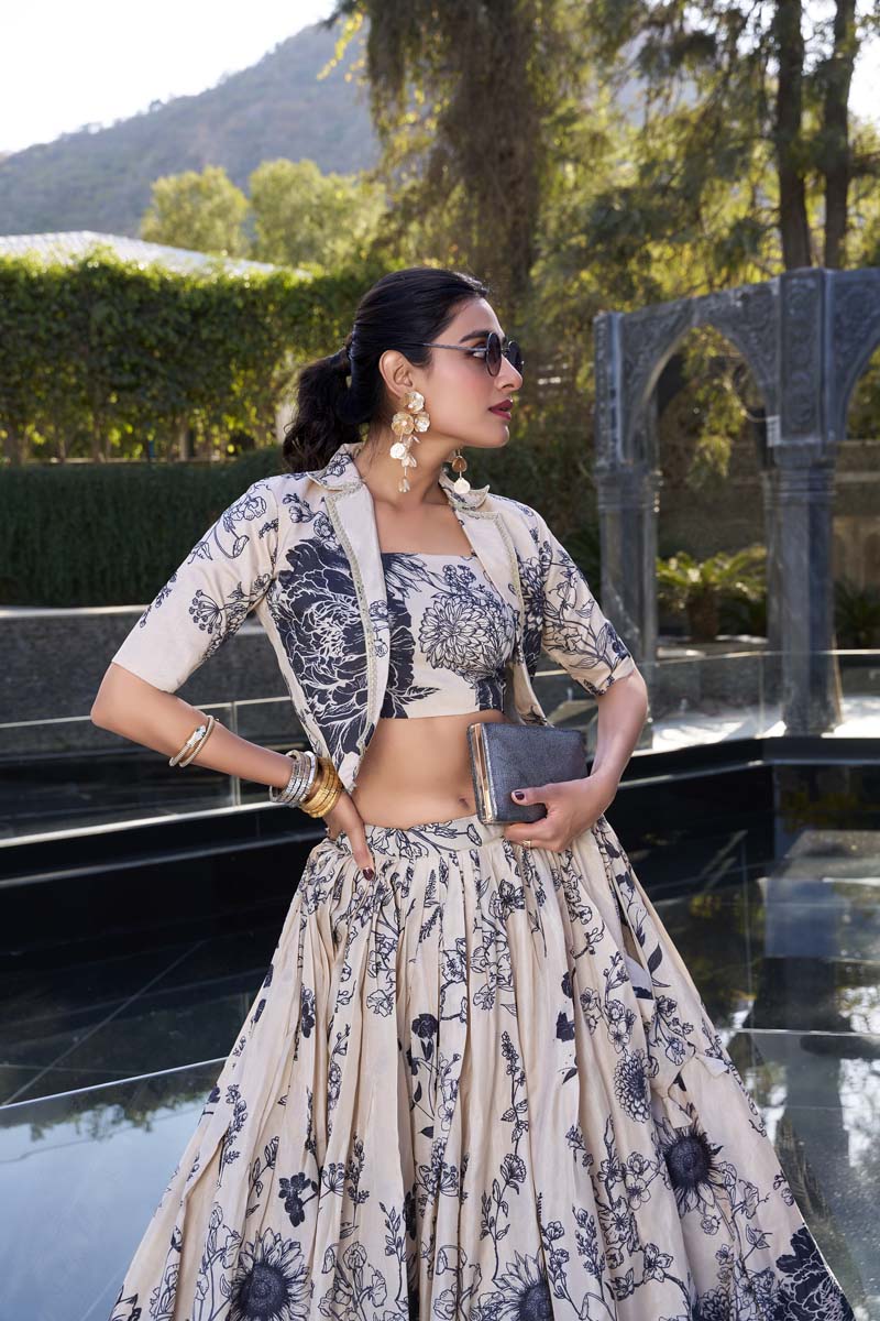 Evanik Women Tussar Silk With Floral Print Lehenga Blouse With Koti - Cream