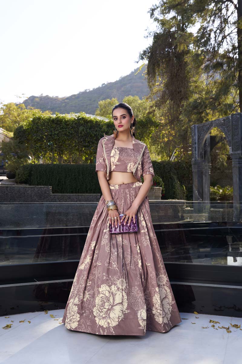 Evanik Women Tussar Silk With Floral Print Lehenga Blouse With Koti - onionpink - Distacart