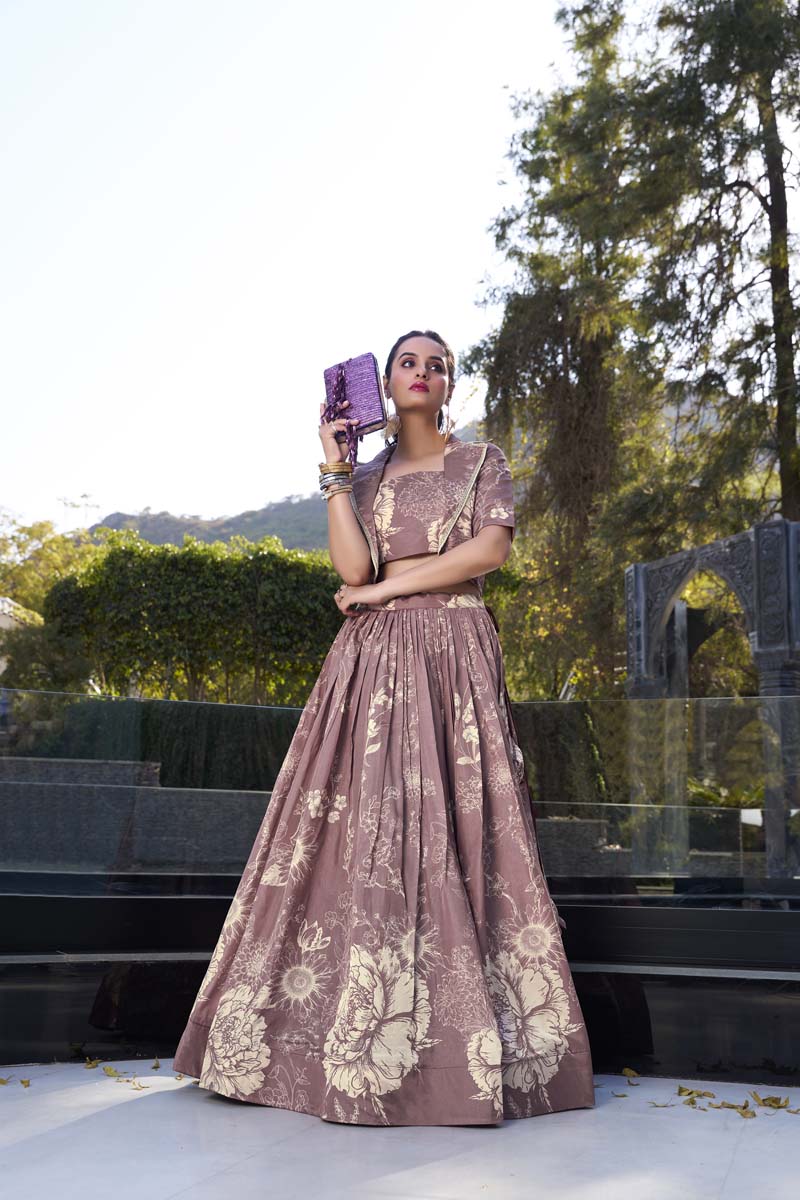 Evanik Women Tussar Silk With Floral Print Lehenga Blouse With Koti - onionpink