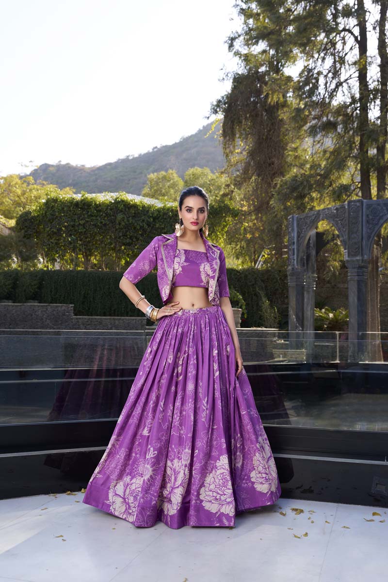 Evanik Women Tussar Silk With Floral Print Lehenga Blouse With Koti - Purple