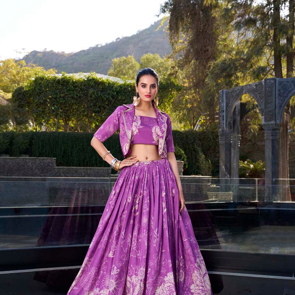 Evanik Women Tussar Silk With Floral Print Lehenga Blouse With Koti - Purple - Distacart