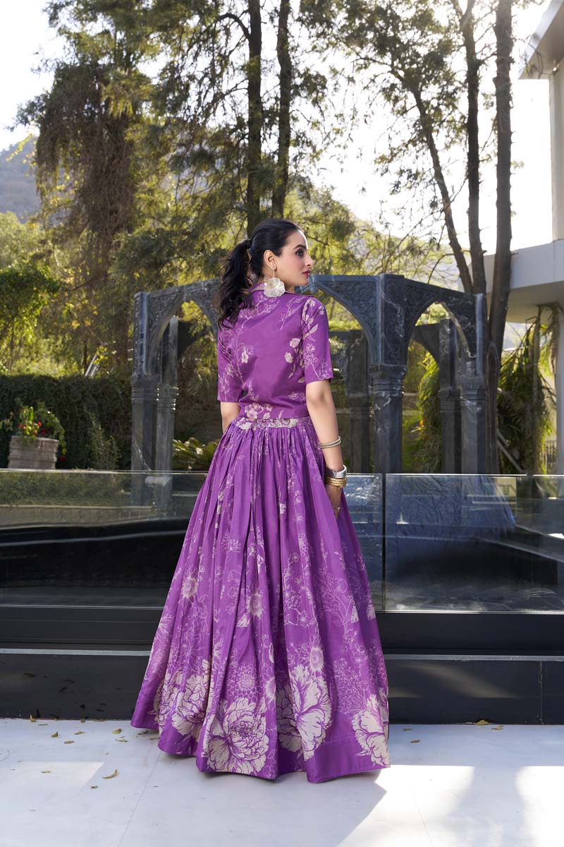 Evanik Women Tussar Silk With Floral Print Lehenga Blouse With Koti - Purple