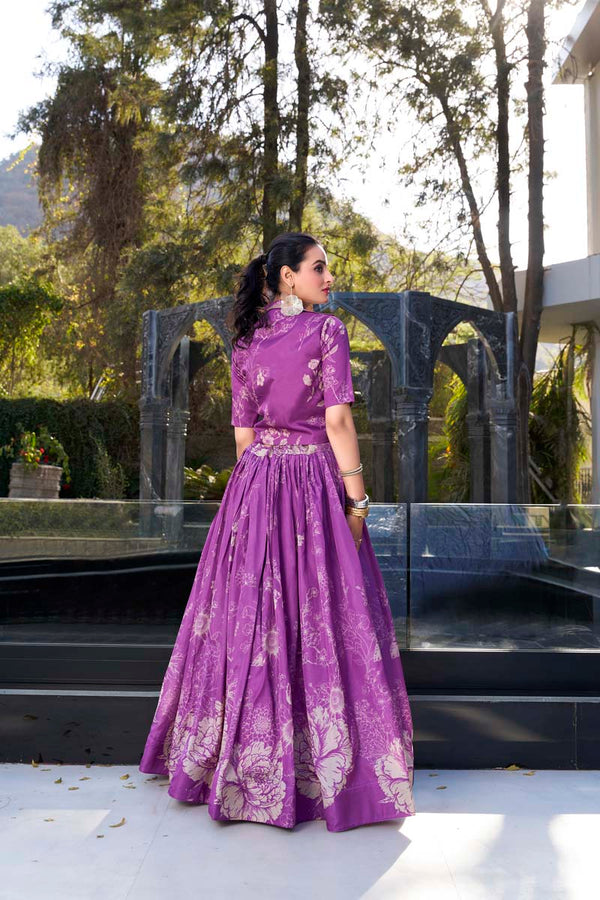 Evanik Women Tussar Silk With Floral Print Lehenga Blouse With Koti - Purple