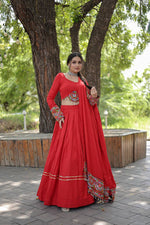 Thumbnail for Lorenvalley Red Rayon with Real Mirror Embroidered Kutchi Thread work with codi Lehenga Choli - Distacart