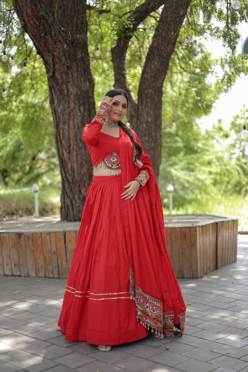 Lorenvalley Red Rayon with Real Mirror Embroidered Kutchi Thread work with codi Lehenga Choli - Distacart
