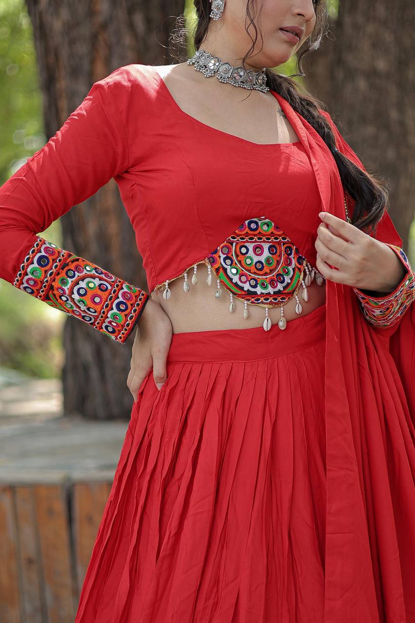 Lorenvalley Red Rayon with Real Mirror Embroidered Kutchi Thread work with codi Lehenga Choli - Distacart