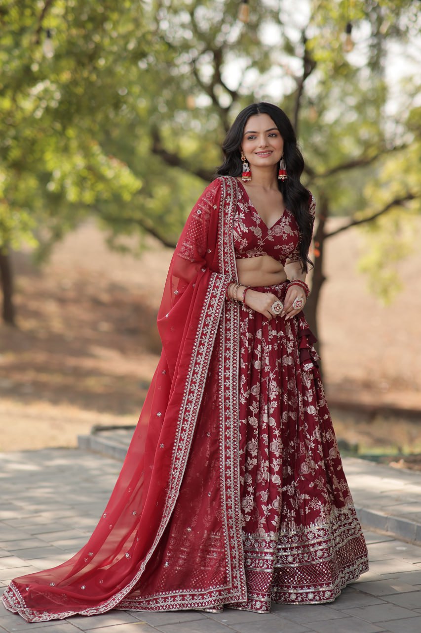 Lorenvalley Maroon Pure Viscose Jacquard with Embroidered Sequins work Lehenga Choli - Distacart