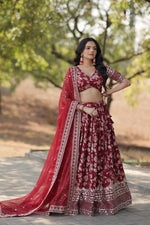 Thumbnail for Lorenvalley Maroon Pure Viscose Jacquard with Embroidered Sequins work Lehenga Choli - Distacart