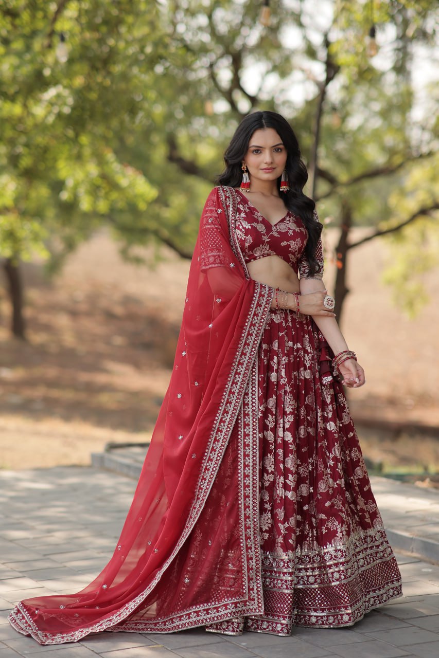 Lorenvalley Maroon Pure Viscose Jacquard with Embroidered Sequins work Lehenga Choli - Distacart
