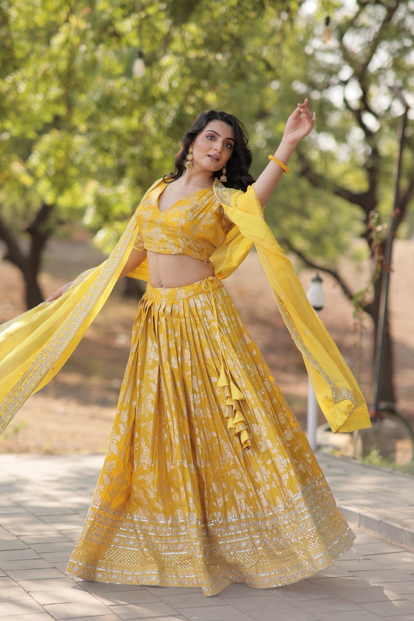 Lorenvalley Yellow Pure Viscose Jacquard with Embroidered Sequins work Lehenga Choli - Distacart