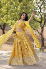 Thumbnail for Lorenvalley Yellow Pure Viscose Jacquard with Embroidered Sequins work Lehenga Choli - Distacart
