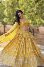 Thumbnail for Lorenvalley Yellow Pure Viscose Jacquard with Embroidered Sequins work Lehenga Choli - Distacart