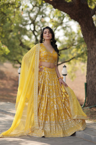 Lorenvalley Yellow Pure Viscose Jacquard with Embroidered Sequins work Lehenga Choli - Distacart