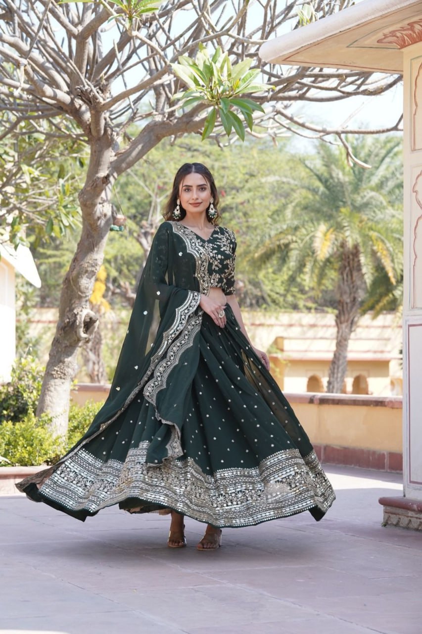 Lorenvalley Green Faux Blooming Georgette with Sequins Embroidered work Lehenga Choli - Distacart