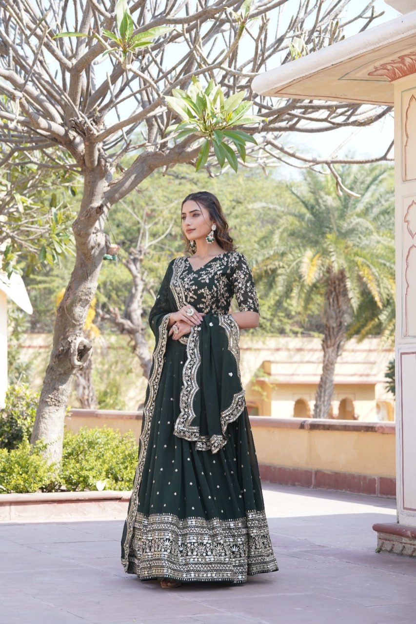 Lorenvalley Green Faux Blooming Georgette with Sequins Embroidered work Lehenga Choli - Distacart