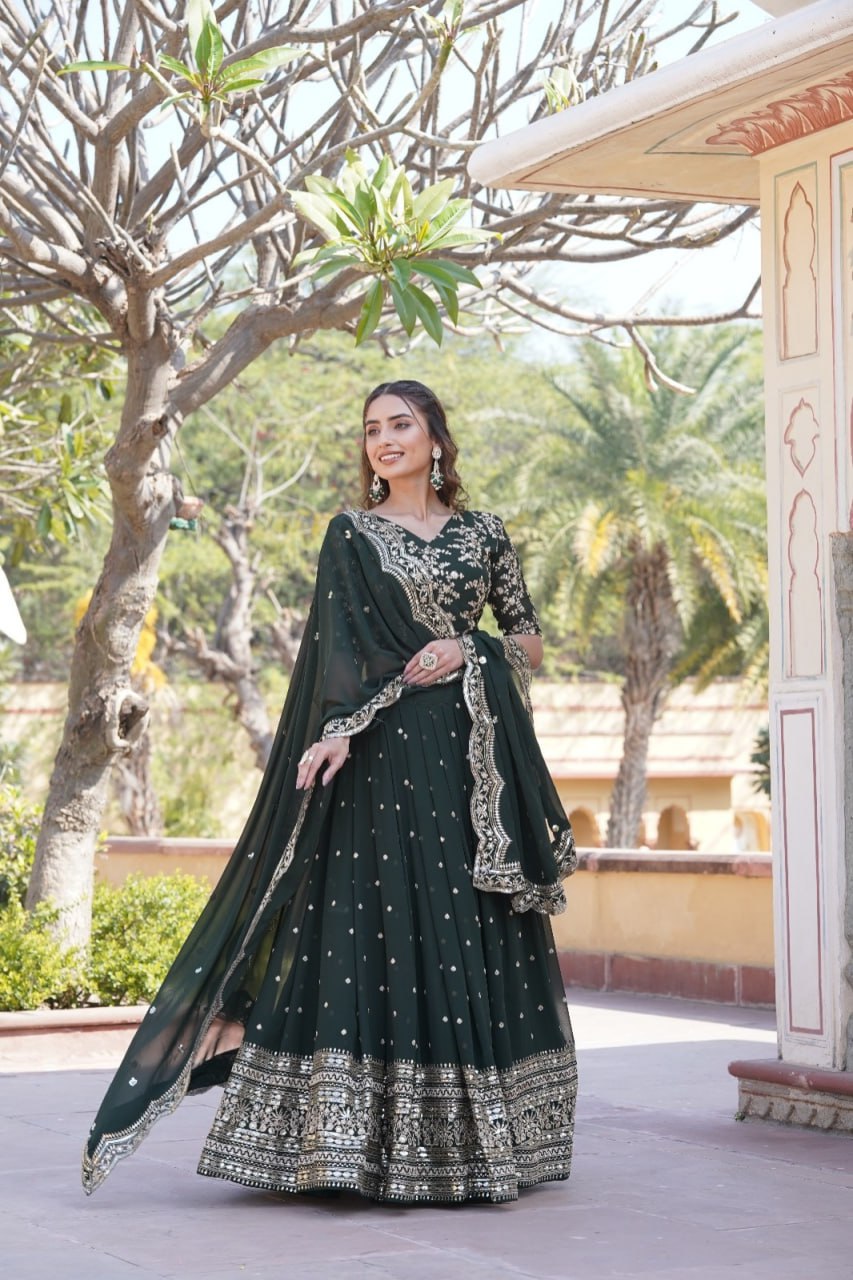 Lorenvalley Green Faux Blooming Georgette with Sequins Embroidered work Lehenga Choli - Distacart