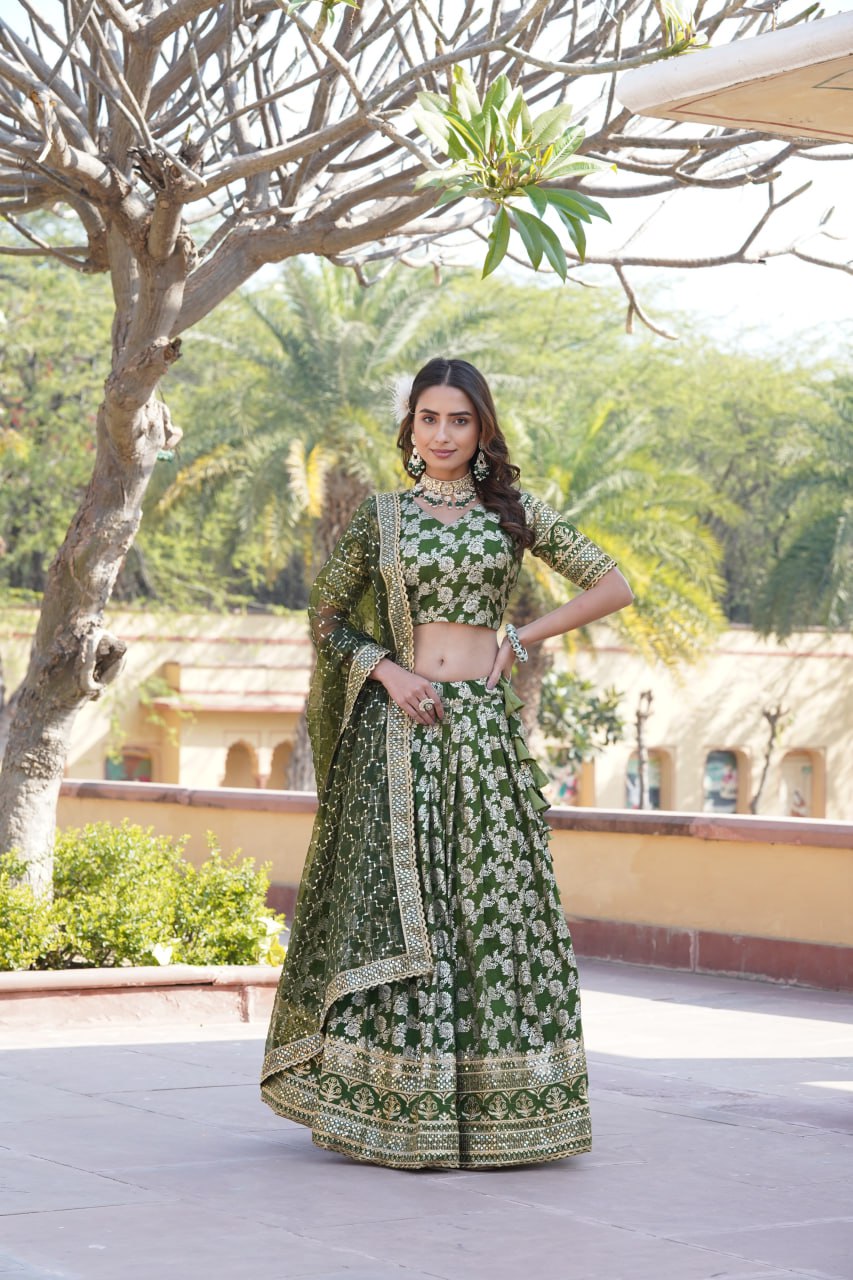 Lorenvalley Green Pure Viscose Jacquard with Embroidered Sequins work Lehenga Choli - Distacart