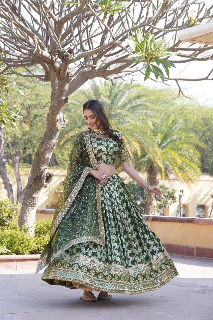 Lorenvalley Green Pure Viscose Jacquard with Embroidered Sequins work Lehenga Choli - Distacart