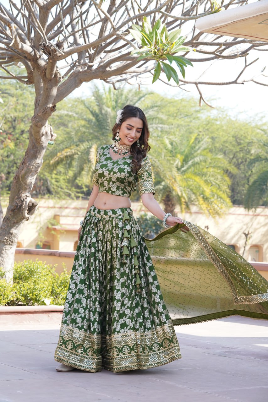 Lorenvalley Green Pure Viscose Jacquard with Embroidered Sequins work Lehenga Choli - Distacart