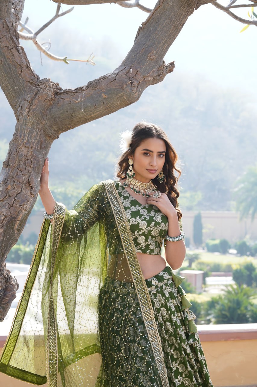 Lorenvalley Green Pure Viscose Jacquard with Embroidered Sequins work Lehenga Choli - Distacart