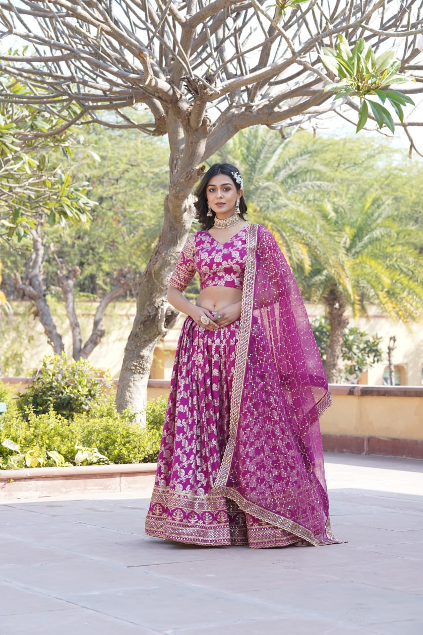 Lorenvalley Magenta Pure Viscose Jacquard with Embroidered Sequins work Lehenga Choli - Distacart