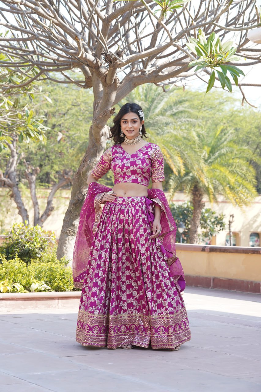 Lorenvalley Magenta Pure Viscose Jacquard with Embroidered Sequins work Lehenga Choli - Distacart