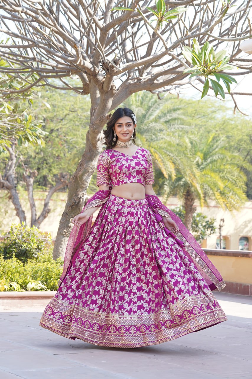 Lorenvalley Magenta Pure Viscose Jacquard with Embroidered Sequins work Lehenga Choli - Distacart