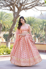 Thumbnail for Lorenvalley Peach Pure Viscose Jacquard with Embroidered Sequins work Lehenga Choli - Distacart
