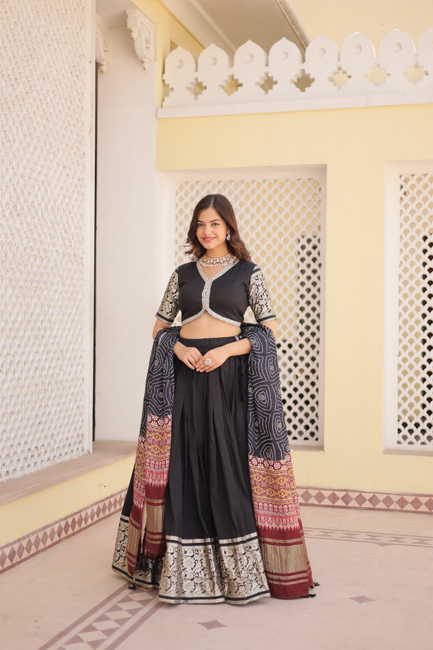 Lorenvalley Black Viscose Jacquard Lehenga Choli with Gajji silk Dupatta - Distacart