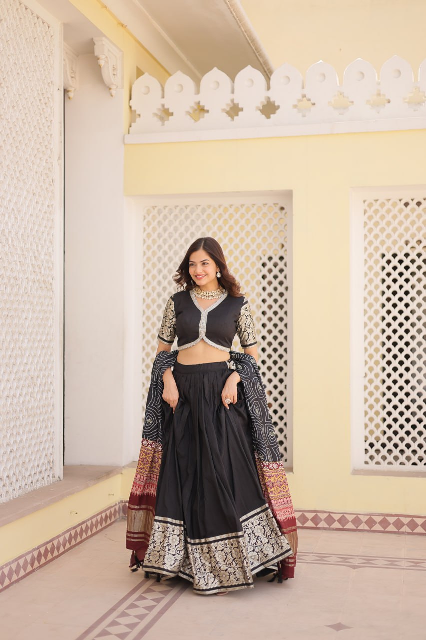 Lorenvalley Black Viscose Jacquard Lehenga Choli with Gajji silk Dupatta - Distacart