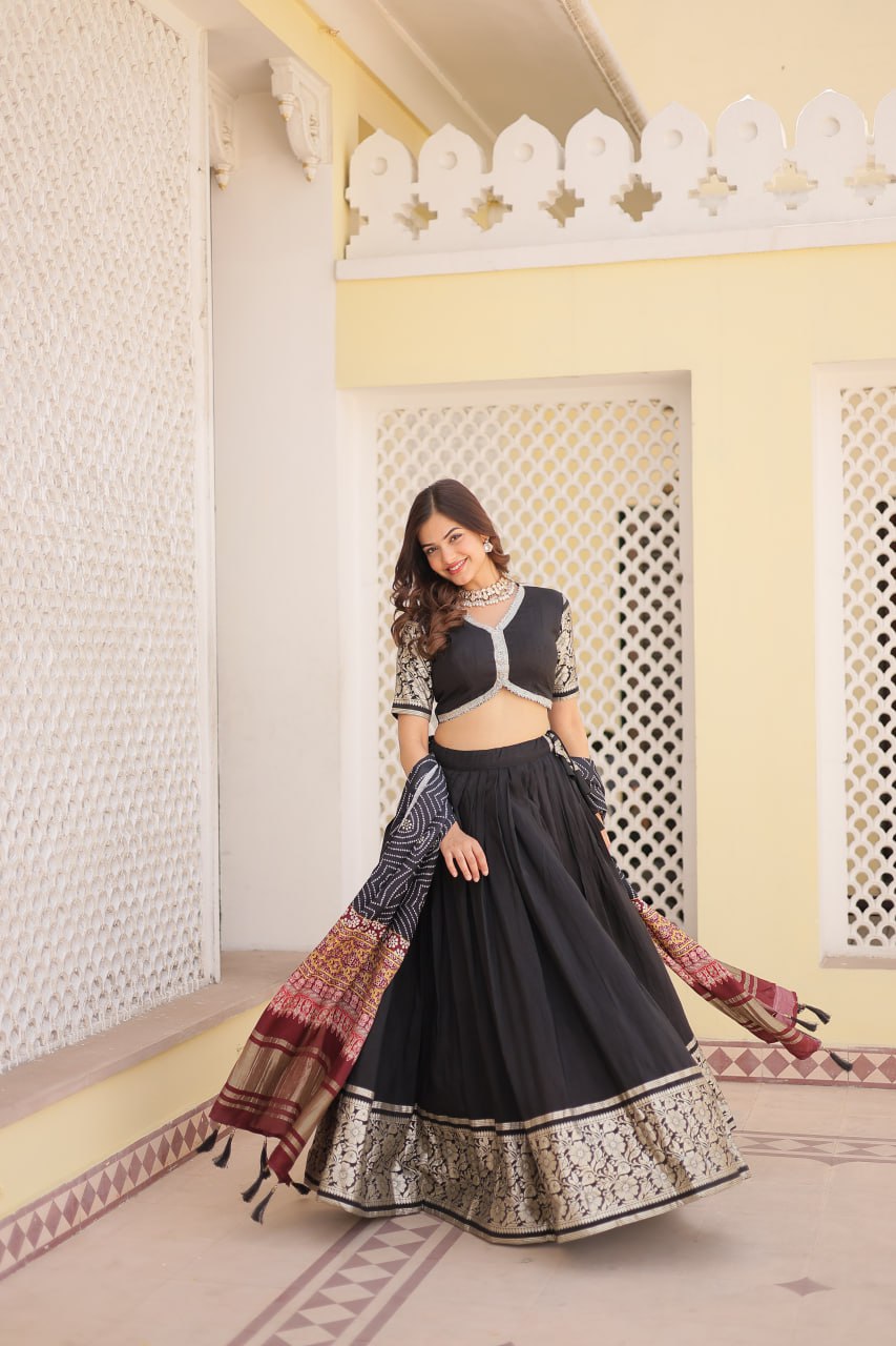 Lorenvalley Black Viscose Jacquard Lehenga Choli with Gajji silk Dupatta - Distacart