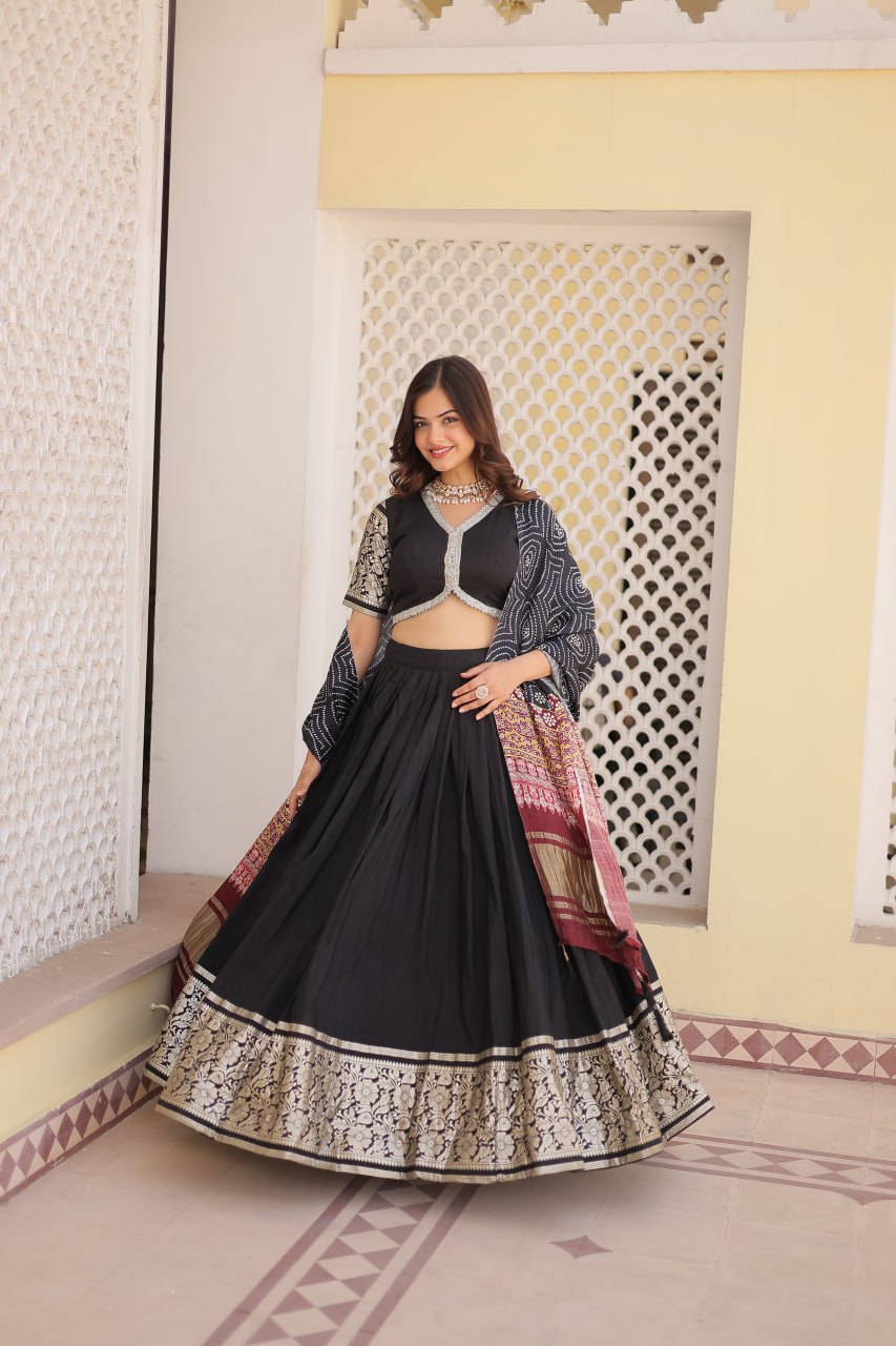 Lorenvalley Black Viscose Jacquard Lehenga Choli with Gajji silk Dupatta - Distacart