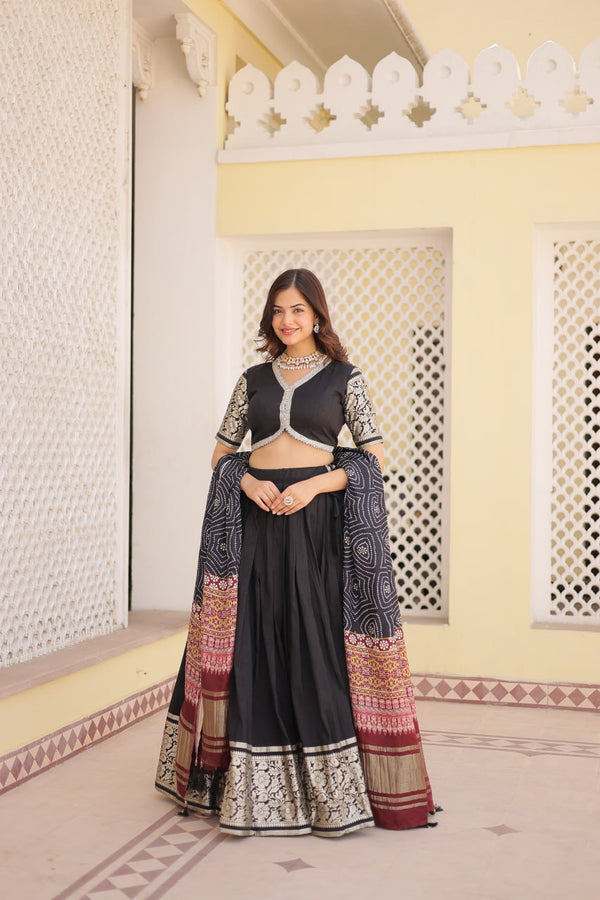 Lorenvalley Black Viscose Jacquard Lehenga Choli with Gajji silk Dupatta - Distacart