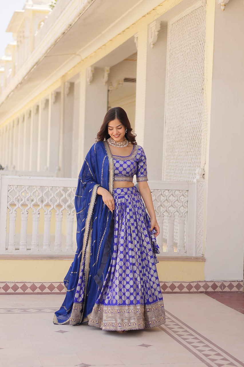 Lorenvalley Blue Pure Viscose Jacquard with Embroidered Sequins work Lehenga Choli - Distacart