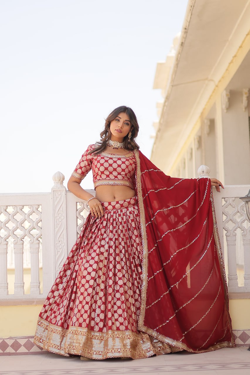 Lorenvalley Maroon Pure Viscose Jacquard with Embroidered Sequins work Lehenga Choli - Distacart