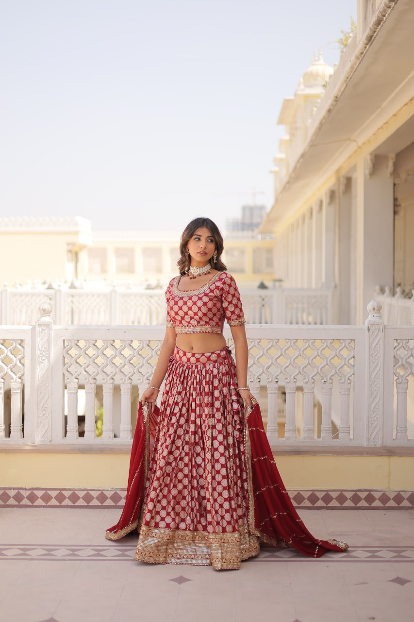 Lorenvalley Maroon Pure Viscose Jacquard with Embroidered Sequins work Lehenga Choli - Distacart