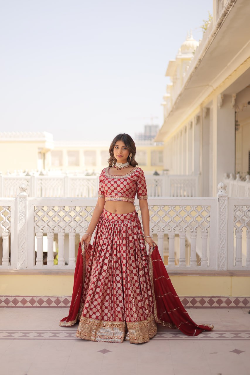 Lorenvalley Maroon Pure Viscose Jacquard with Embroidered Sequins work Lehenga Choli - Distacart