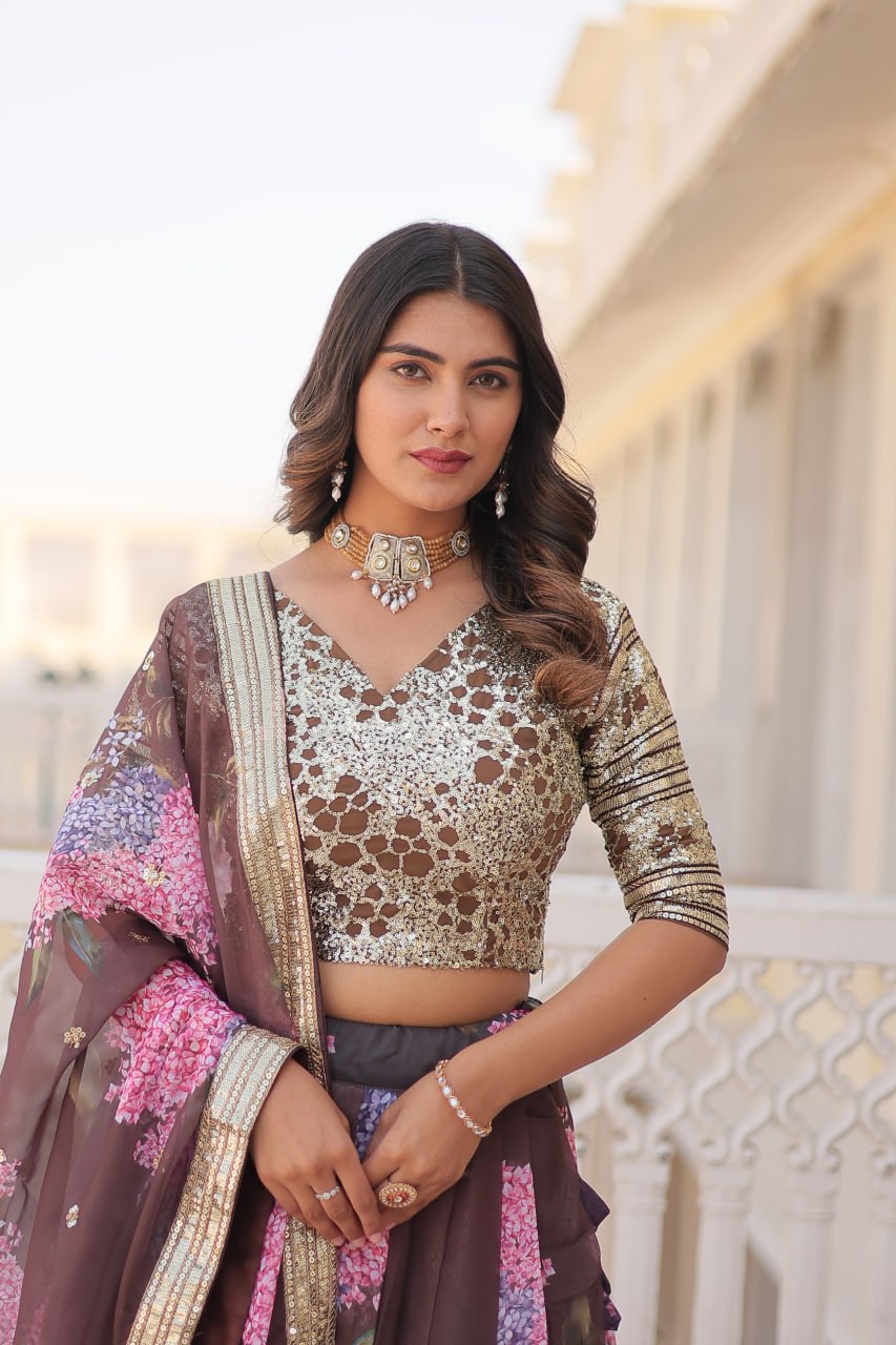 Lorenvalley Brown Russian Silk Digital Printed with Embroidered Sequins work Lehenga Choli - Distacart