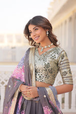 Thumbnail for Lorenvalley Grey Russian Silk Digital Printed with Embroidered Sequins work Lehenga Choli - Distacart
