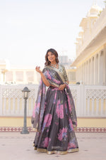 Thumbnail for Lorenvalley Grey Russian Silk Digital Printed with Embroidered Sequins work Lehenga Choli - Distacart