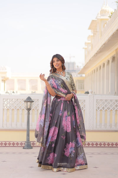 Lorenvalley Grey Russian Silk Digital Printed with Embroidered Sequins work Lehenga Choli - Distacart