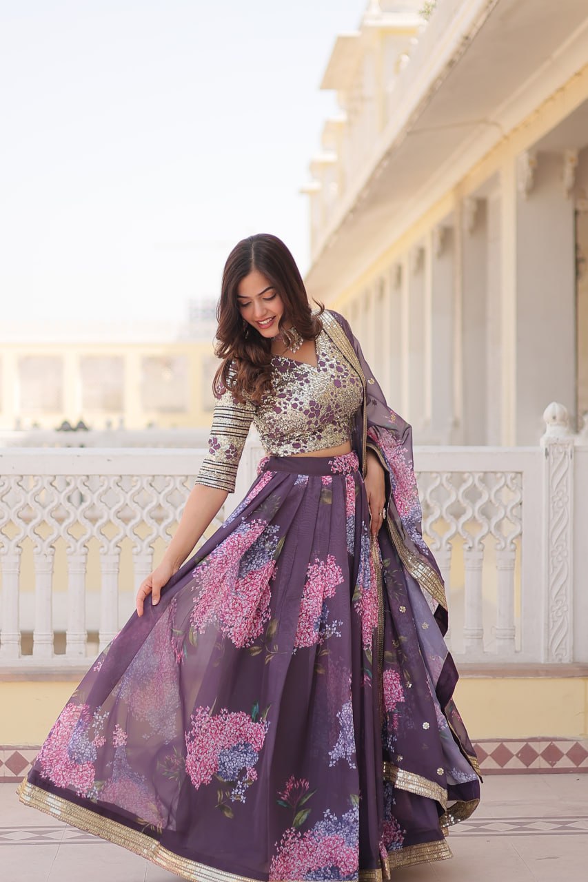 Lorenvalley Purple Russian Silk Digital Printed with Embroidered Sequins work Lehenga Choli - Distacart