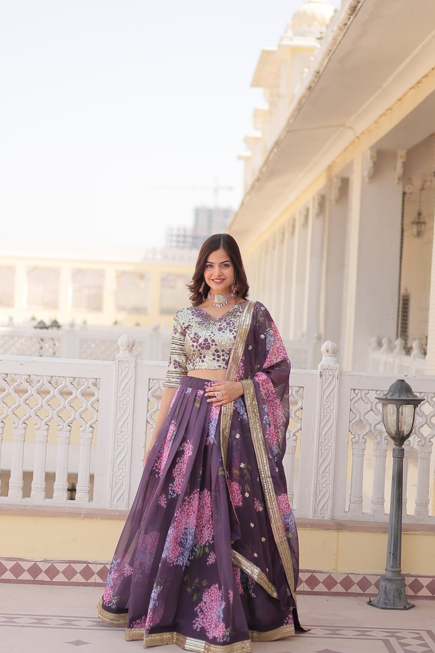 Lorenvalley Purple Russian Silk Digital Printed with Embroidered Sequins work Lehenga Choli - Distacart