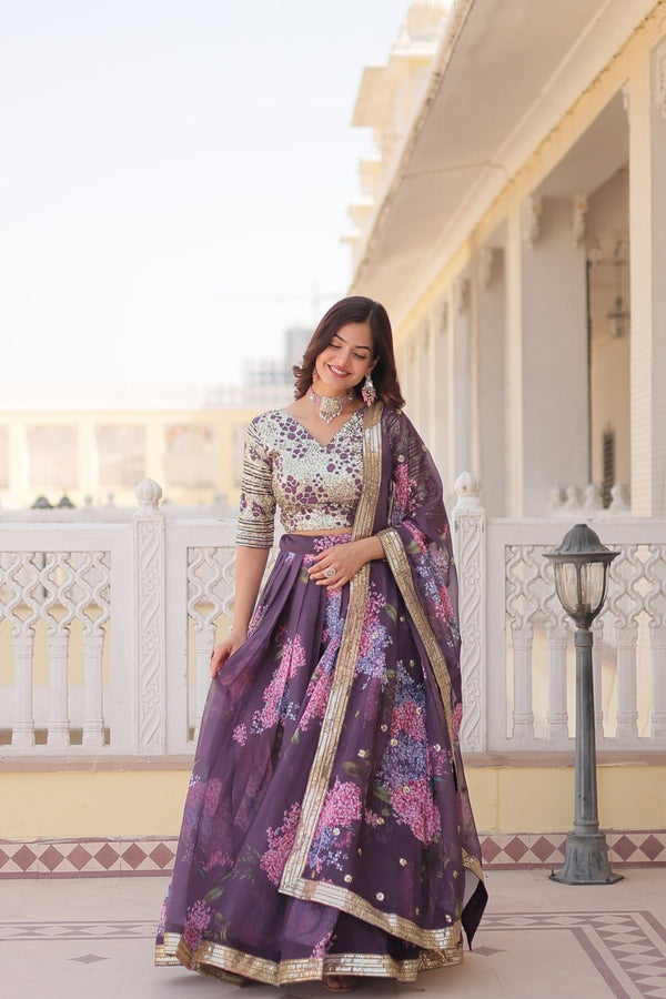 Lorenvalley Purple Russian Silk Digital Printed with Embroidered Sequins work Lehenga Choli - Distacart