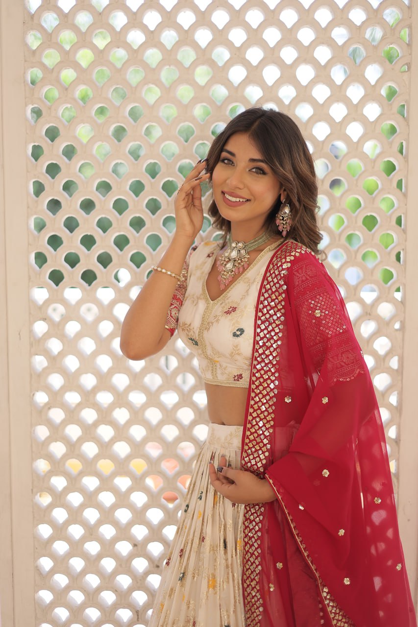 Lorenvalley Cream Pure Viscose Jacquard with 2D Dyeing and Embroidered Sequins work Lehenga Choli - Distacart